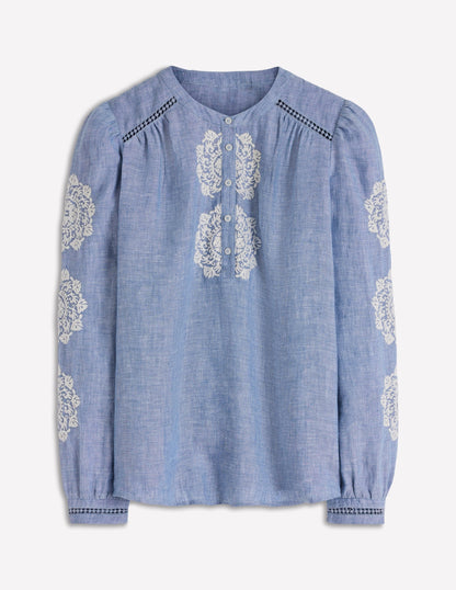 Embroidered Trim Interest Top-Chambray