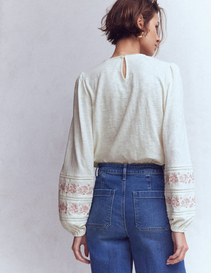 Rosie Embroidered Jersey Top-Ivory