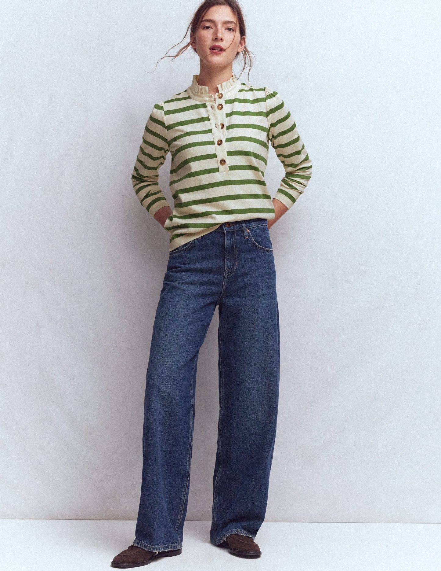 Ruffle Collar Mariner-Ivory and Safari Green Stripe
