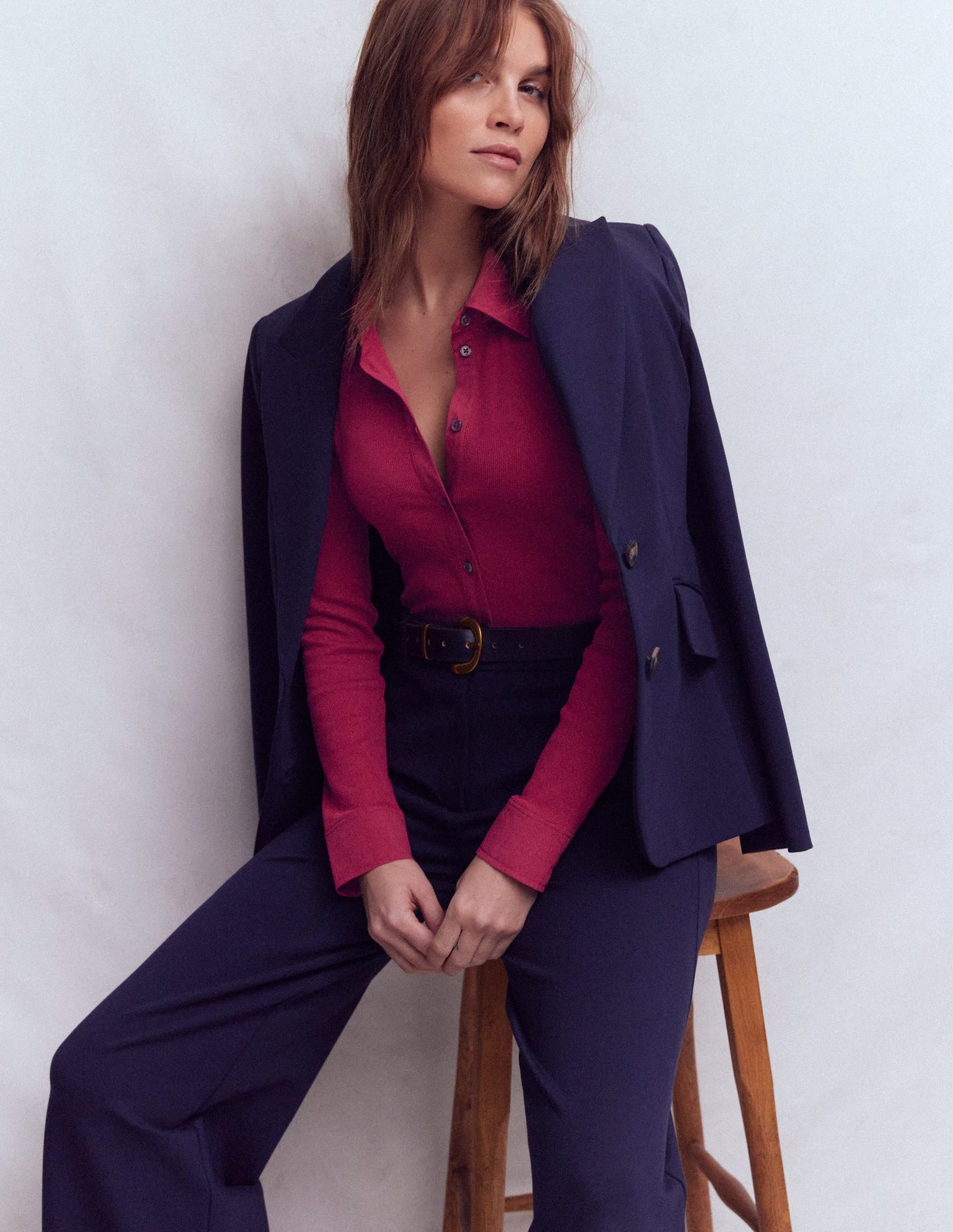 Collared Button Through Top-Ruby Red