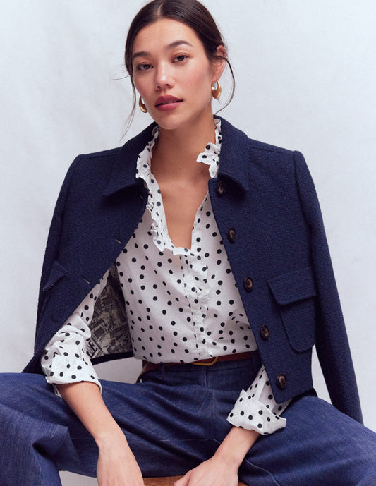 Isabel Ruffle Cotton Shirt-Navy and Ivory, Painted Dot