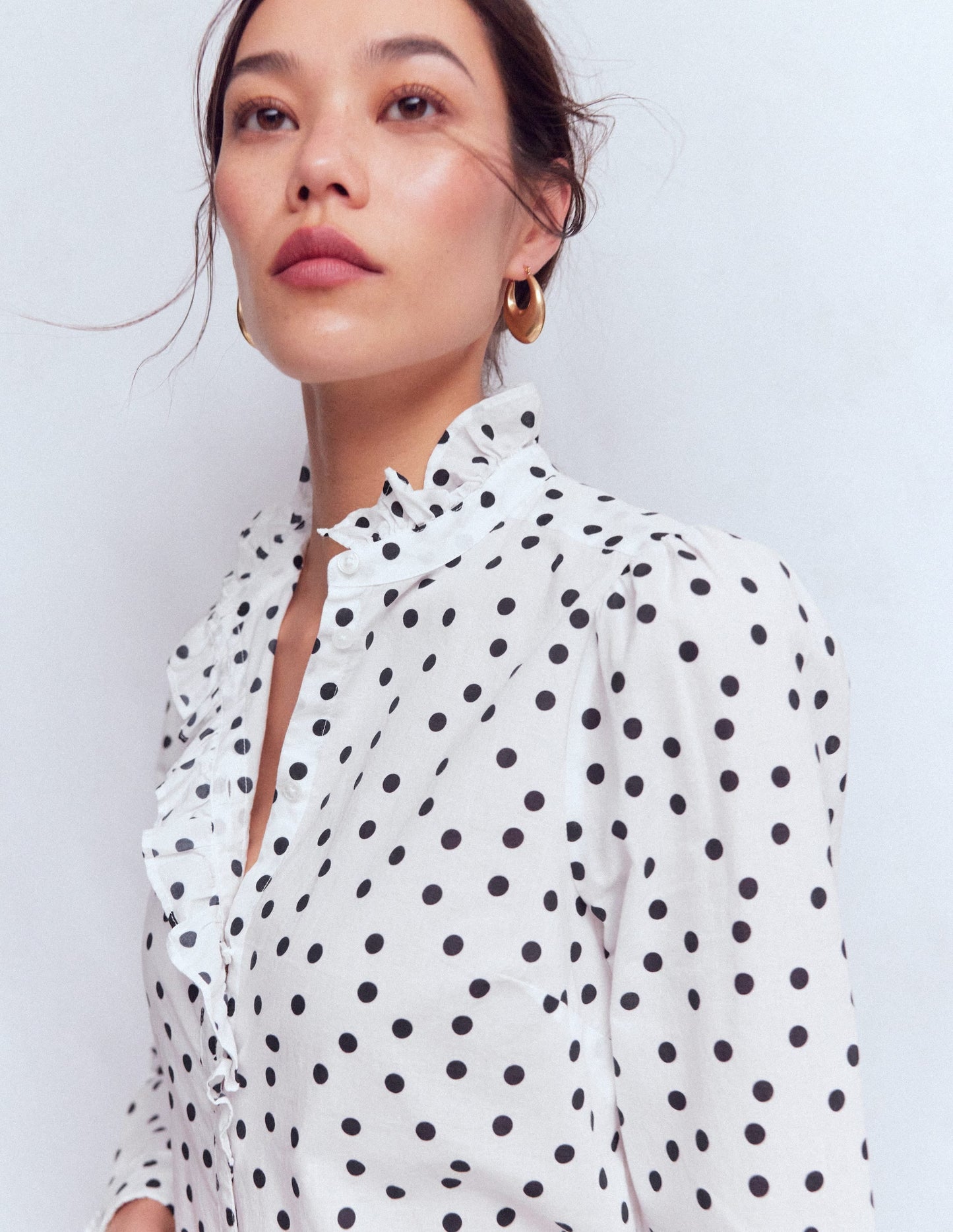 Isabel Ruffle Cotton Shirt-Navy and Ivory, Painted Dot