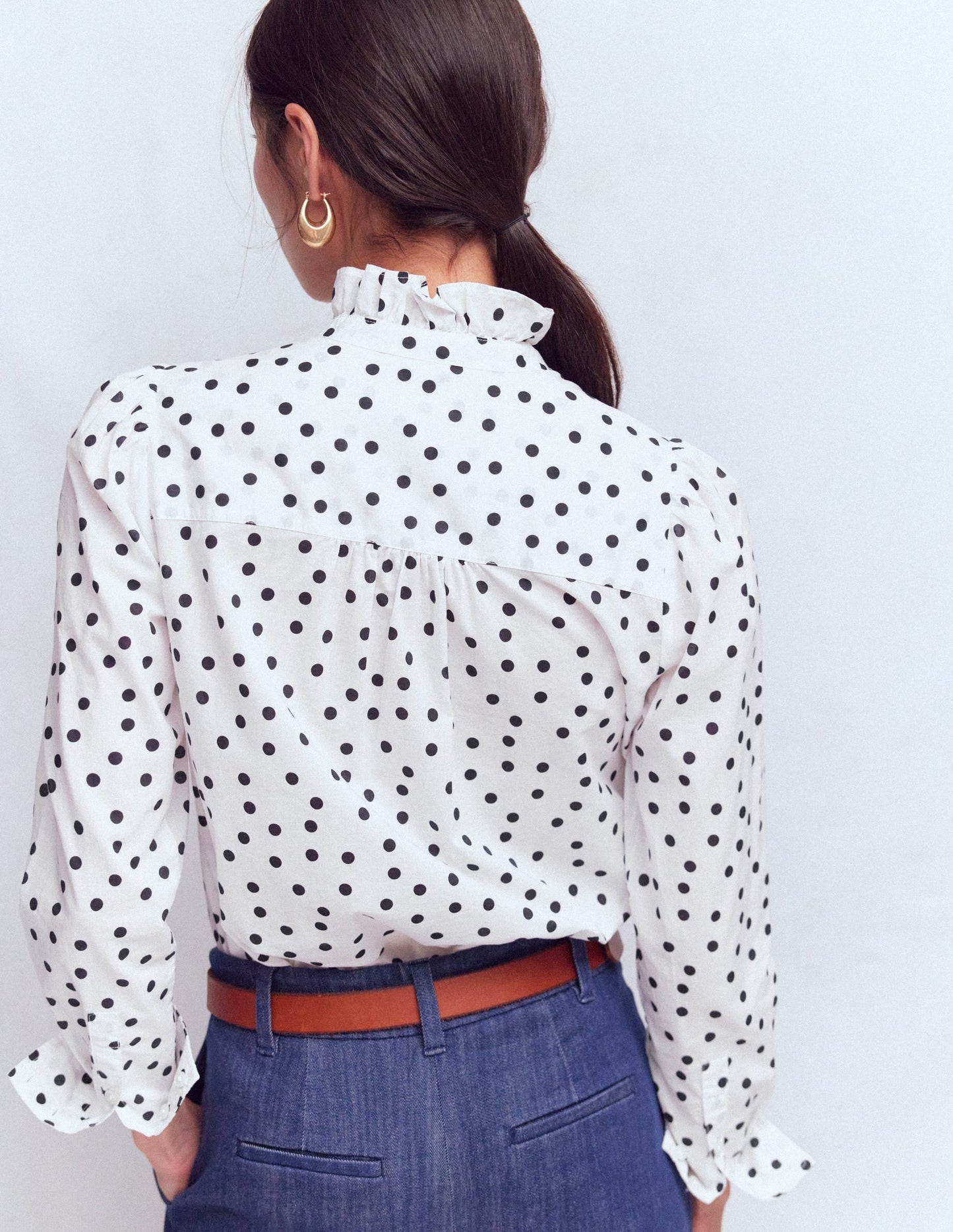 Isabel Ruffle Cotton Shirt-Navy and Ivory, Painted Dot
