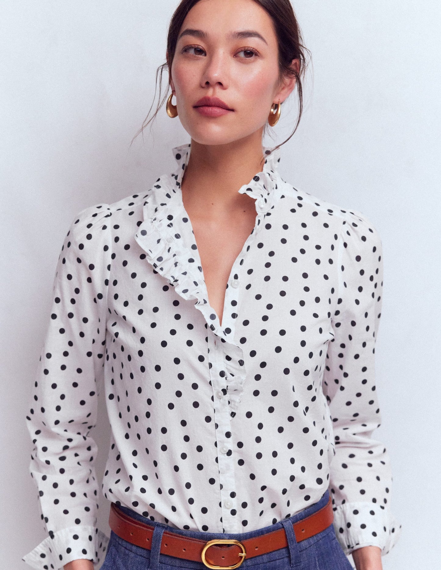 Isabel Ruffle Cotton Shirt-Navy and Ivory, Painted Dot