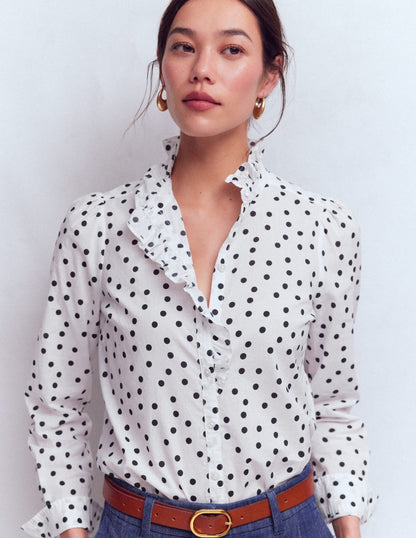 Isabel Ruffle Cotton Shirt-Navy and Ivory, Painted Dot