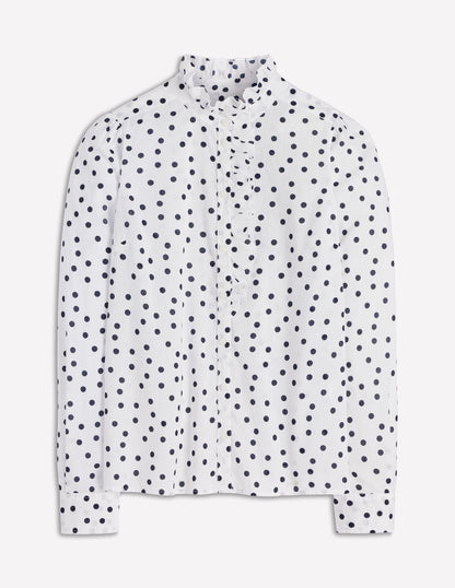 Isabel Ruffle Cotton Shirt-Navy and Ivory, Painted Dot