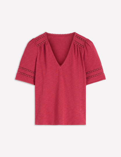 Poppy Trim V Neck T-Shirt-Terracotta Red