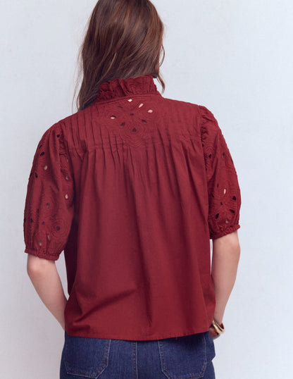 Cutwork Puff Sleeve Top-Russet