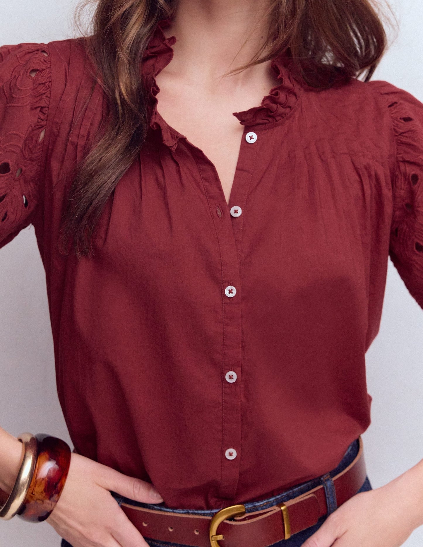 Cutwork Puff Sleeve Top-Russet