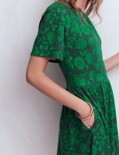 Louisa Short Jersey Dress-Midnight Teal, Floral Frenzy