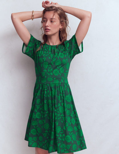 Louisa Short Jersey Dress-Midnight Teal, Floral Frenzy