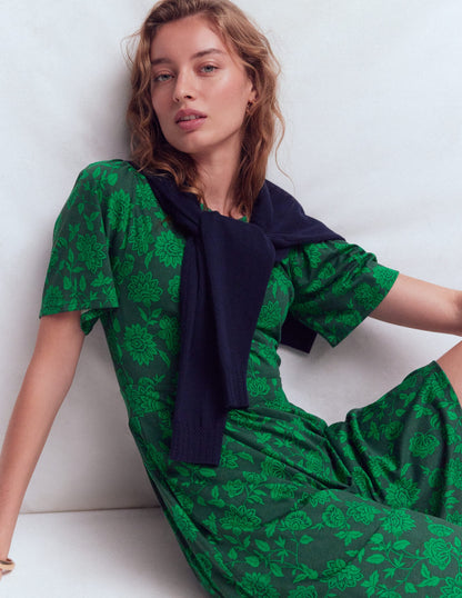 Louisa Short Jersey Dress-Midnight Teal, Floral Frenzy