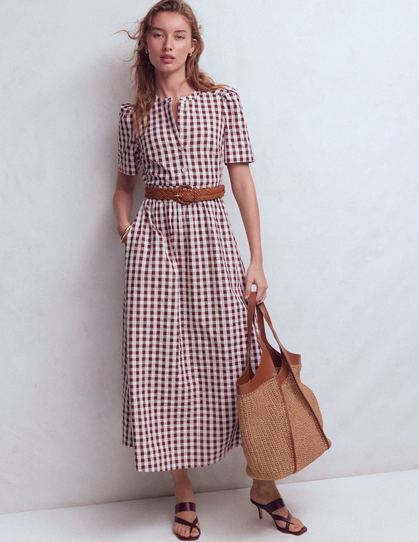 Ivy Button Cotton Midi Dress-Gingham
