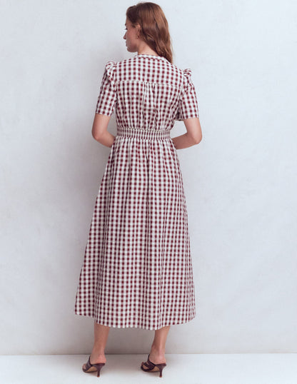 Ivy Button Cotton Midi Dress-Gingham