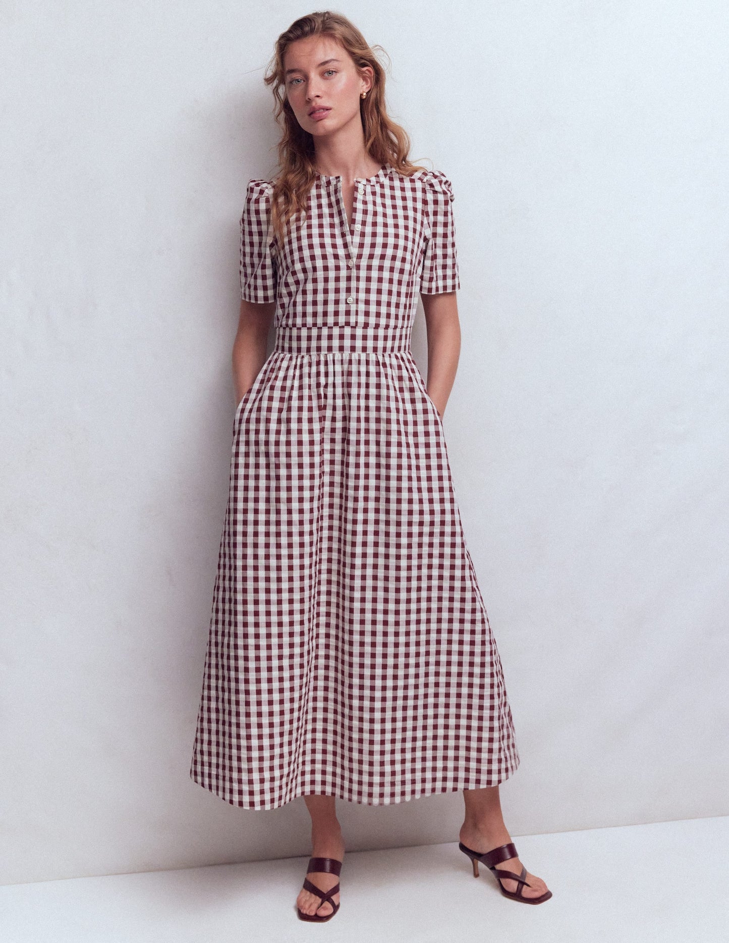 Ivy Button Cotton Midi Dress-Gingham