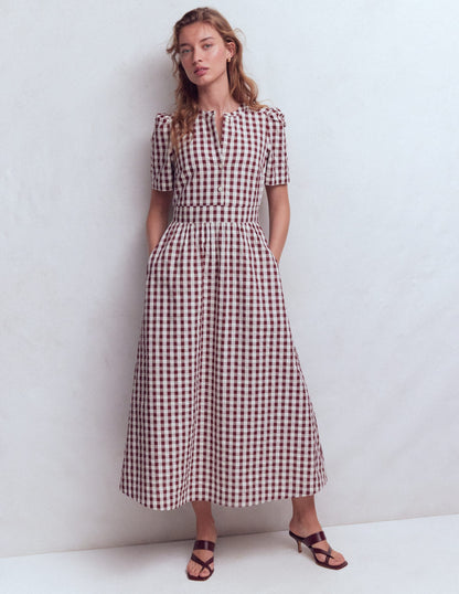 Ivy Button Cotton Midi Dress-Gingham