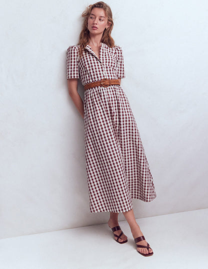 Ivy Button Cotton Midi Dress-Gingham
