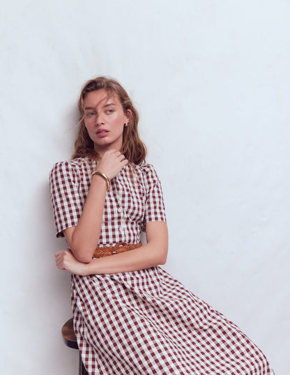 Ivy Button Cotton Midi Dress-Gingham