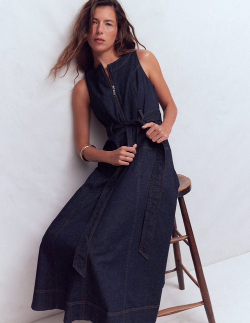 Sleeveless Zip Denim Dress-Indigo Wash