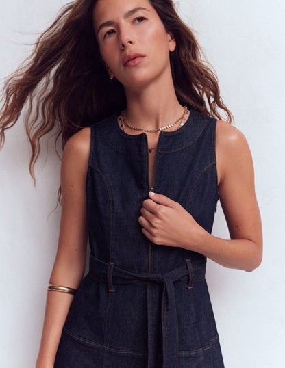 Sleeveless Zip Denim Dress-Indigo Wash
