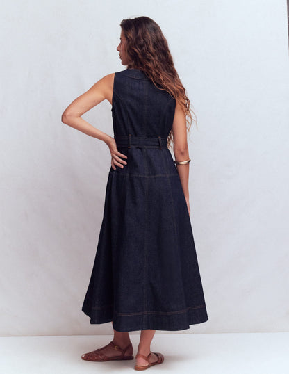 Sleeveless Zip Denim Dress-Indigo Wash