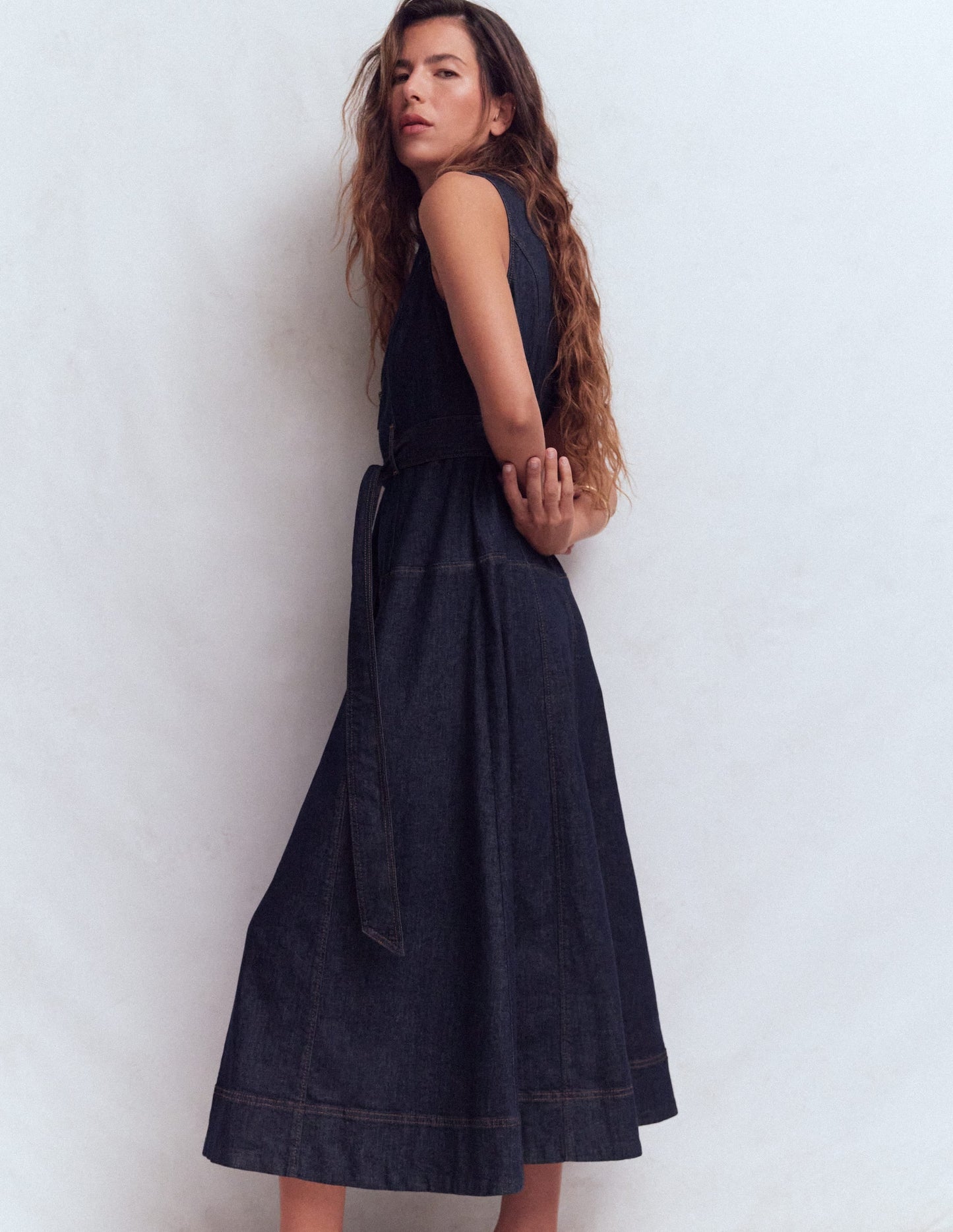 Sleeveless Zip Denim Dress-Indigo Wash