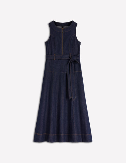 Sleeveless Zip Denim Dress-Indigo Wash