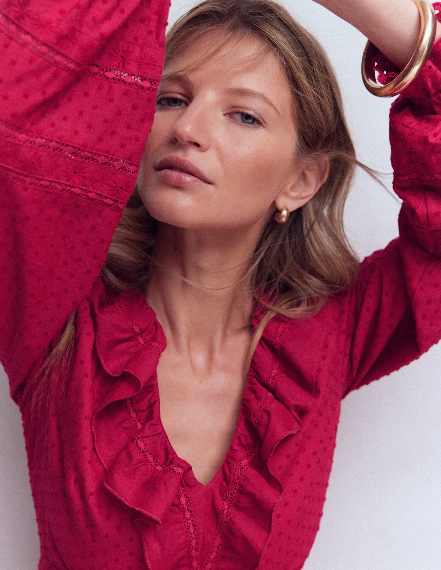 Ruffle Front Cotton Dress-Persian Red