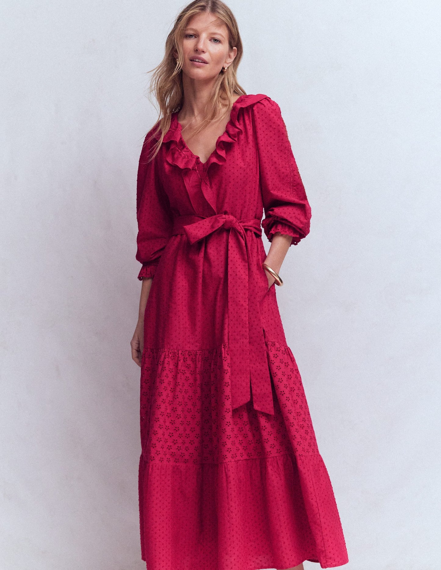 Ruffle Front Cotton Dress-Persian Red
