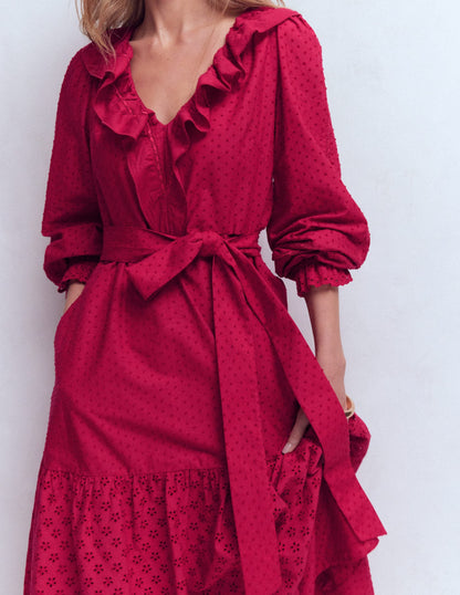 Ruffle Front Cotton Dress-Persian Red