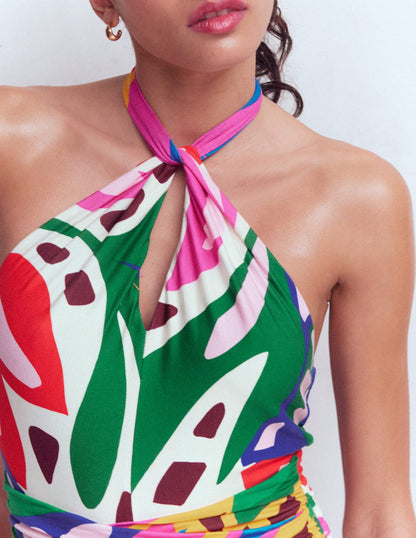 Sydney Twist Neck Jersey Dress-Multi, Leafy Cascade