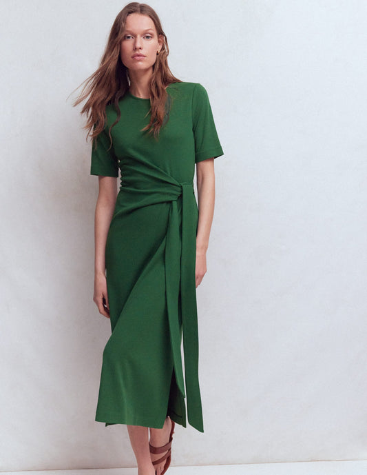 Zinnia Tie Jersey Midi Dress-Hunter Green