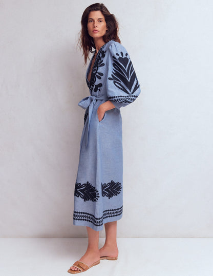 Octavia Linen Blend Dress-Embroidered Chambray