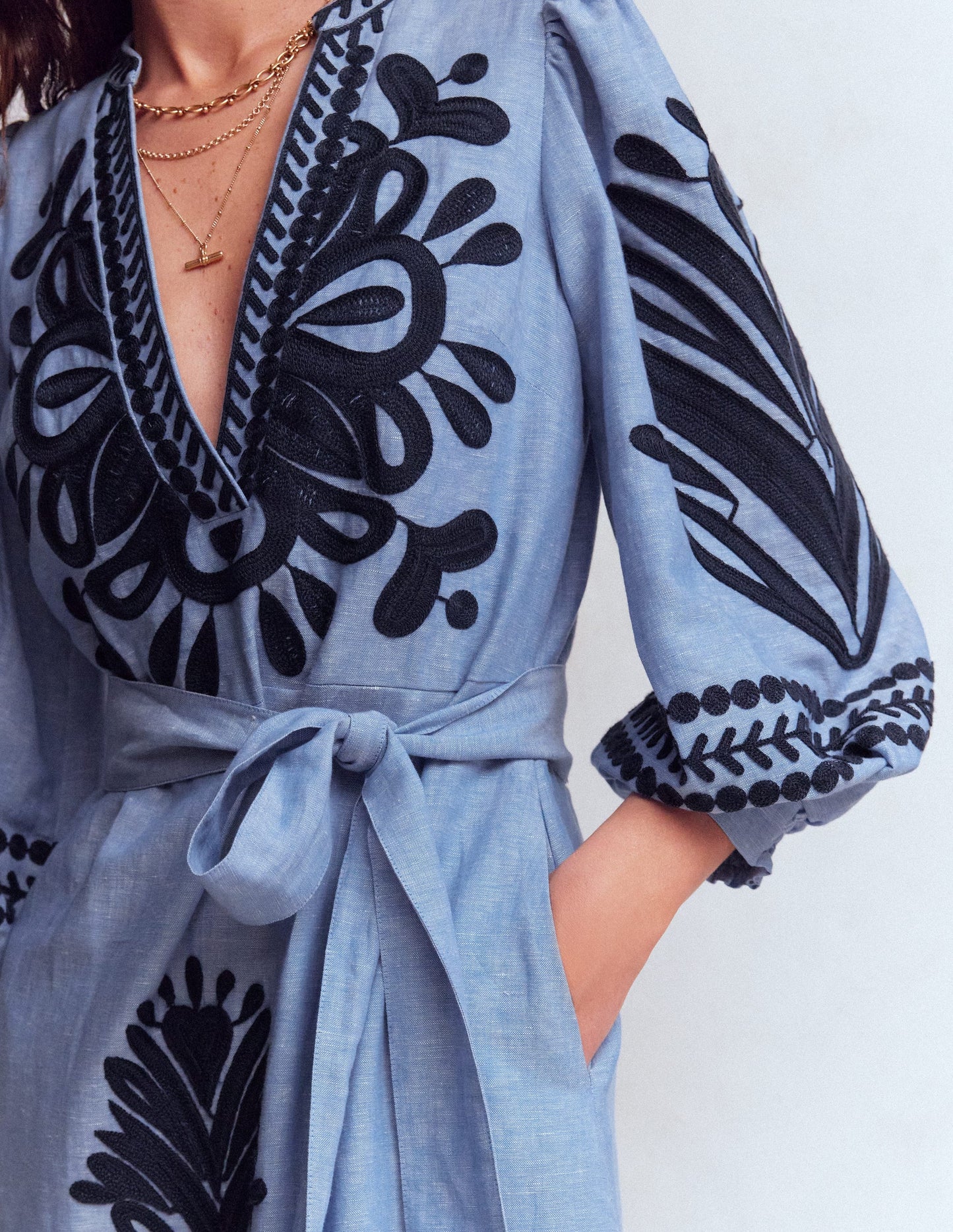 Octavia Linen Blend Dress-Embroidered Chambray