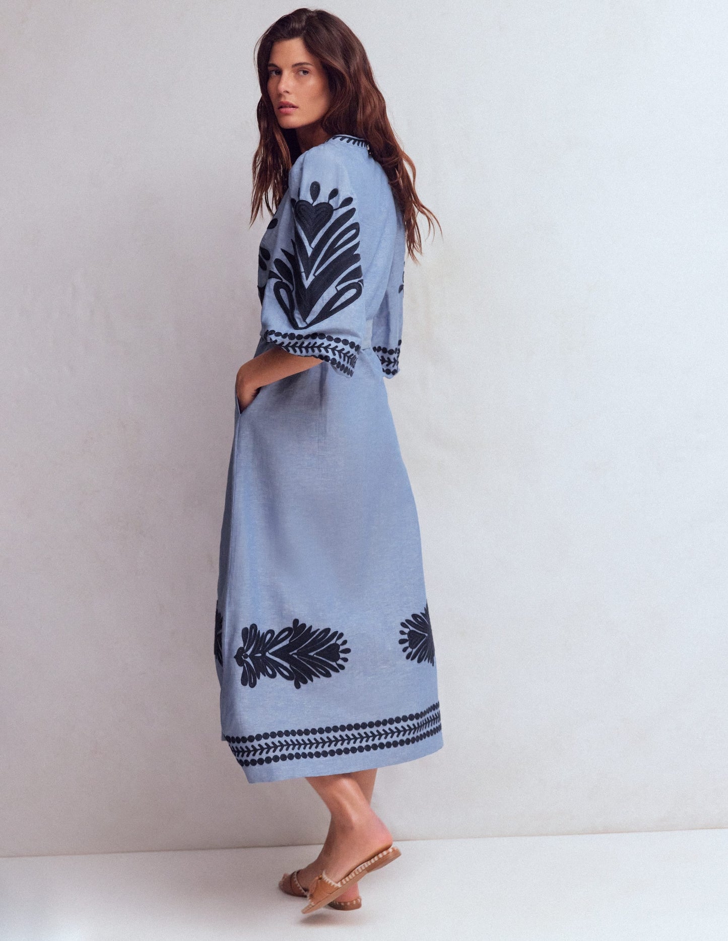Octavia Linen Blend Dress-Embroidered Chambray