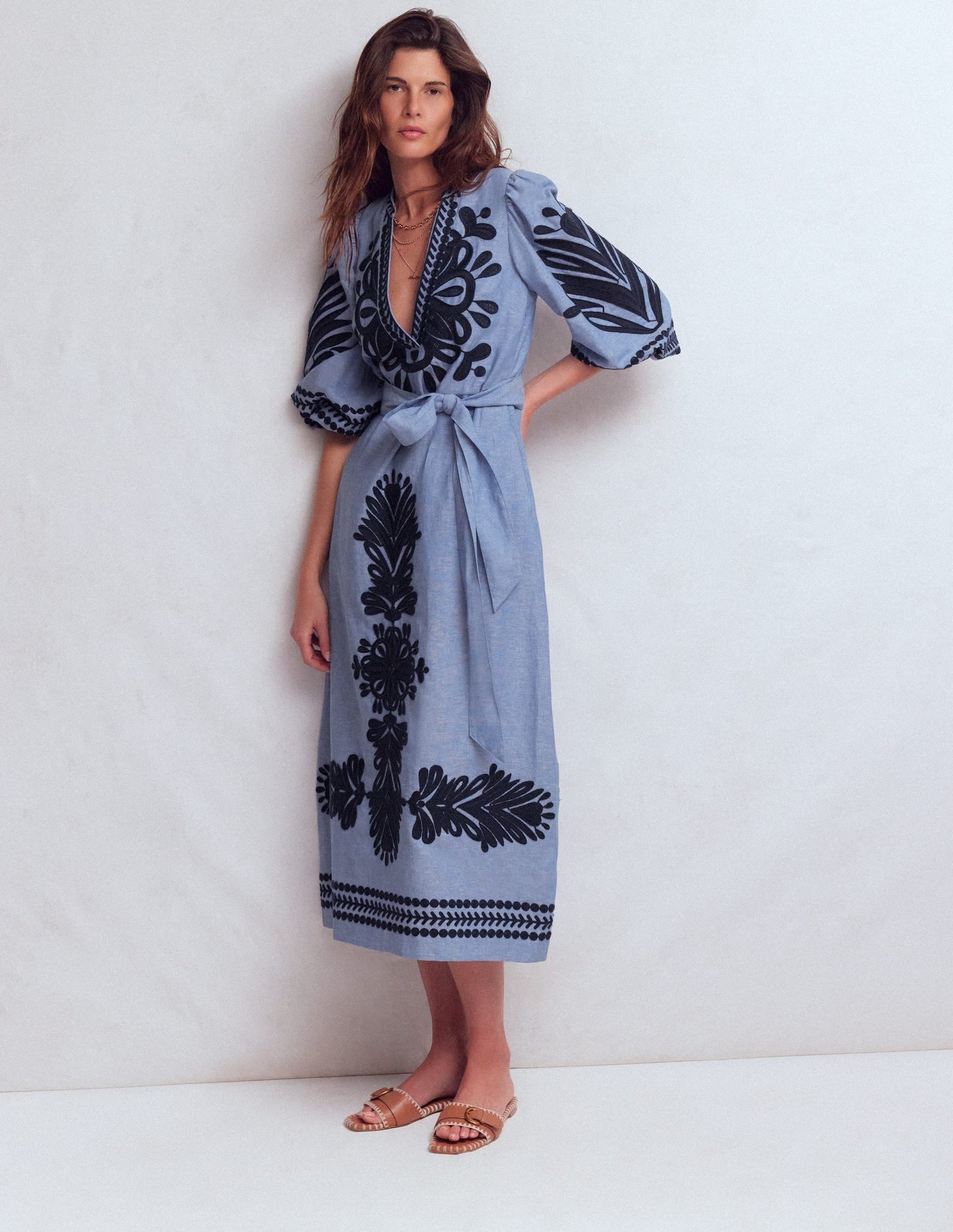 Octavia Linen Blend Dress-Embroidered Chambray