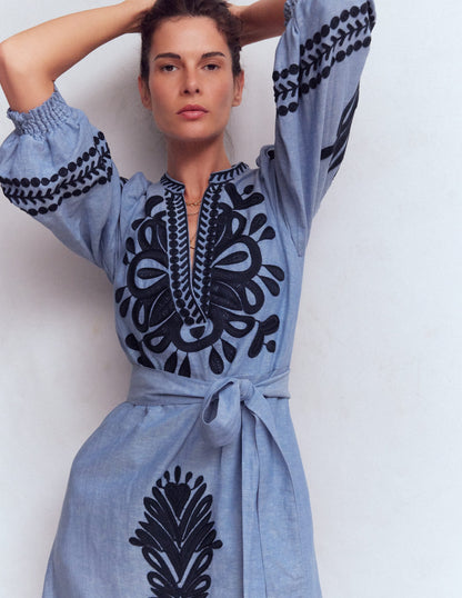 Octavia Linen Blend Dress-Embroidered Chambray