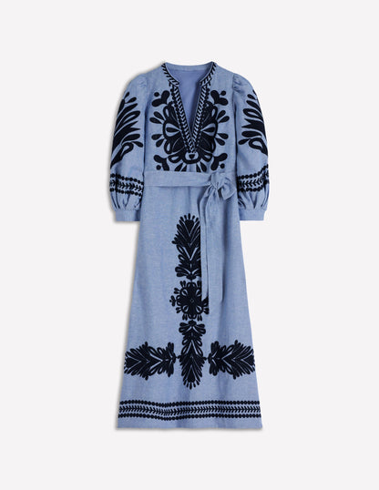 Octavia Linen Blend Dress-Embroidered Chambray
