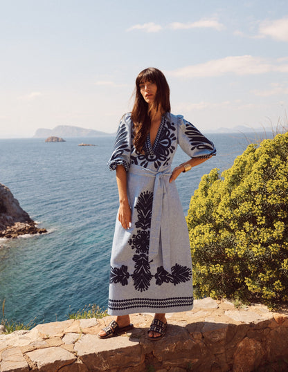 Octavia Linen Blend Dress-Embroidered Chambray