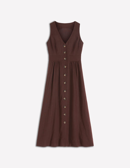Catherine Button Linen Dress-Bitter Chocolate