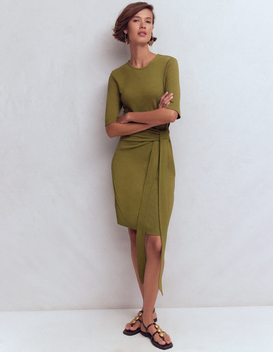 Zinnia Tie Jersey Short Dress-Olive