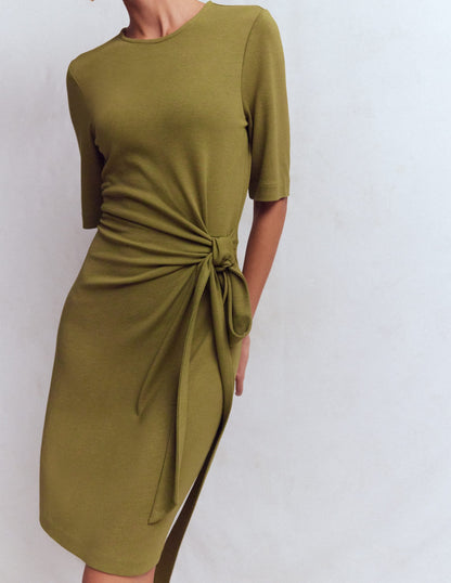 Zinnia Tie Jersey Short Dress-Olive