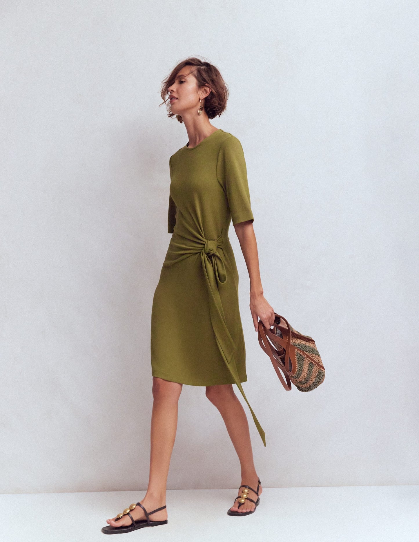 Zinnia Tie Jersey Short Dress-Olive