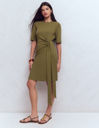 Zinnia Tie Jersey Short Dress-Olive