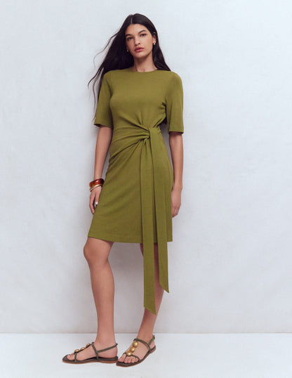 Zinnia Tie Jersey Short Dress-Olive