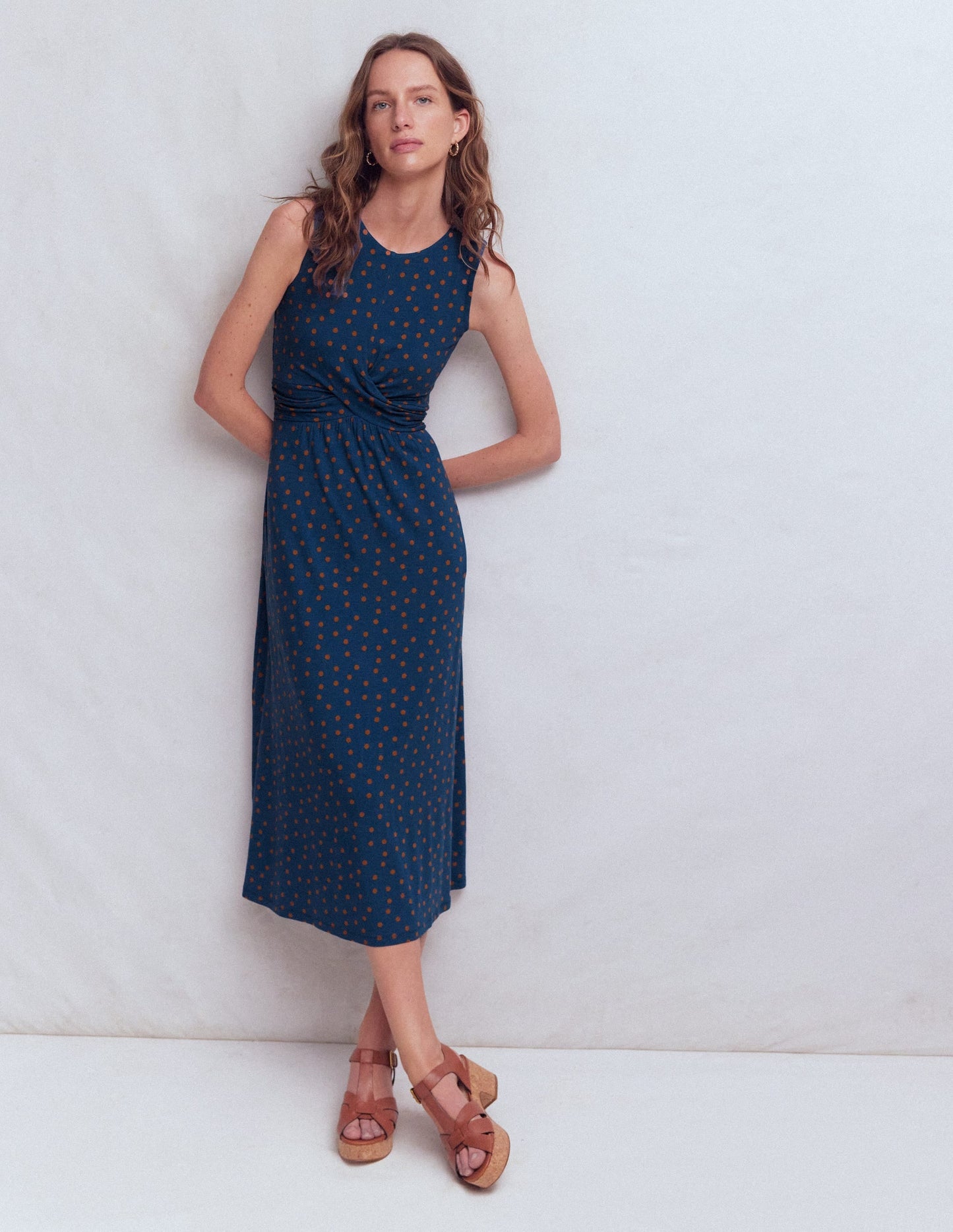 Zara Cross Waist Jersey Dress-Tourmaline Blue, Painted Dot