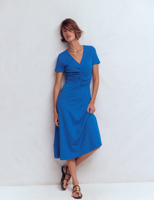 Una Ruched Front Ponte Dress-Kingfisher Blue