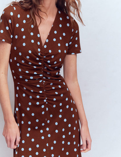 Una Ruched Front Ponte Dress-Raw Umber, Painted Dot