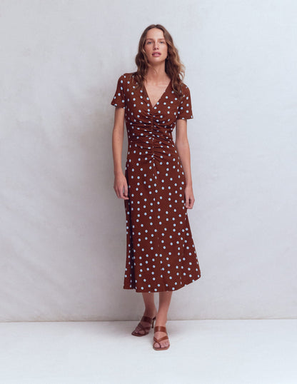Una Ruched Front Ponte Dress-Raw Umber, Painted Dot
