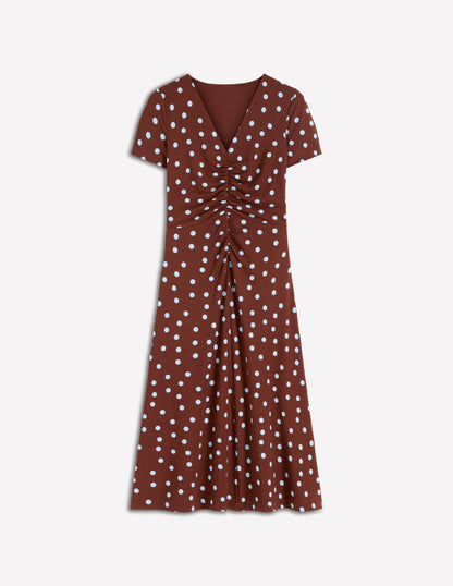 Una Ruched Front Ponte Dress-Raw Umber, Painted Dot